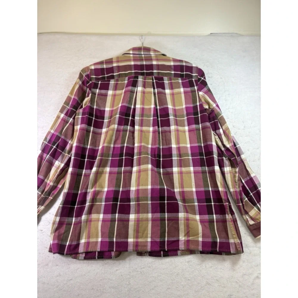 Jones New York Sport Button Front Women's M Magenta Plaid Flannel Shirt L/SL